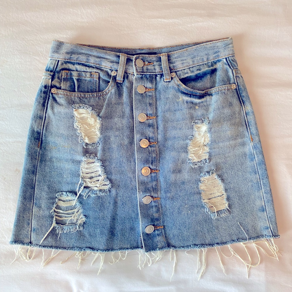 Distressed, button up, denim skirt.